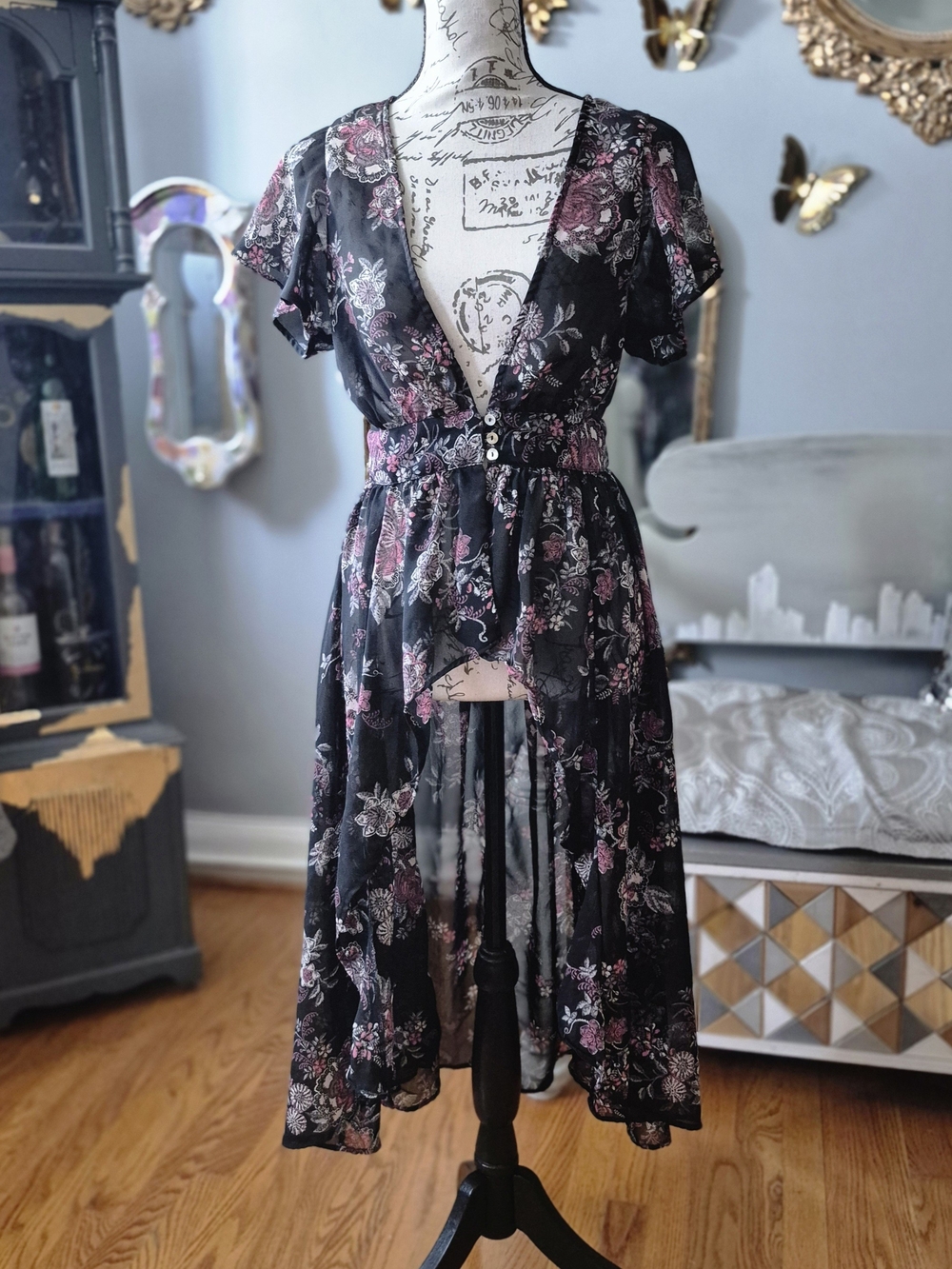 Charlotte Russe Whimsigoth Sheer Blouse with Floral Print XS